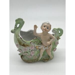 Vintage Porcelain Cherub Planter Floral Figurine Pastel Green Gold Accents